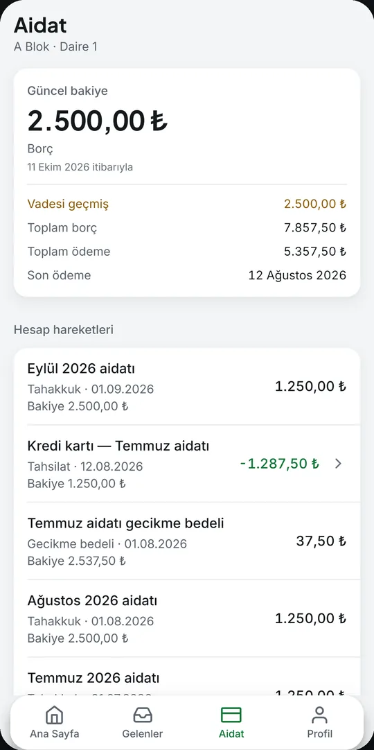 Aidat ekranı: güncel bakiye ve hesap hareketleri