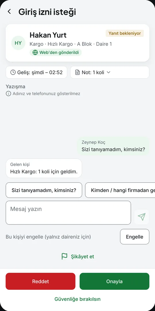 Giriş izni isteği ekranı: kurye bilgisi, yazışma, Onayla ve Reddet düğmeleri