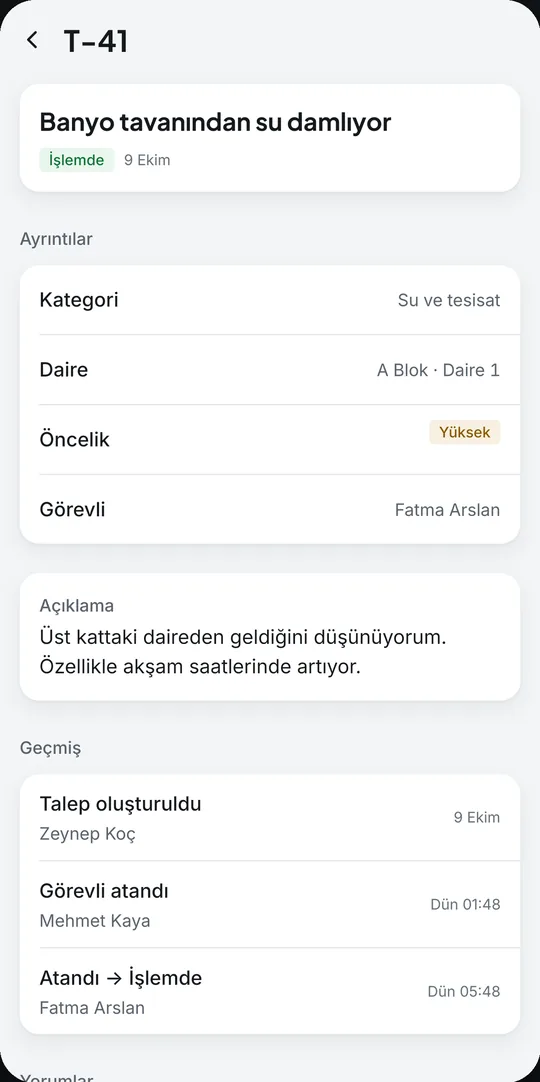 Talep ekranı: arıza bildirimi ve aşamaları